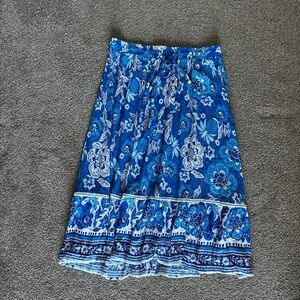 Blue Floral Midi Skirt with Border Hem